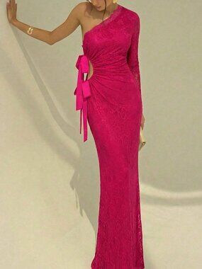 pink sexy Women's Romantic Lace  Asymmetric Shoulder Long Sleeve Maxi Dress